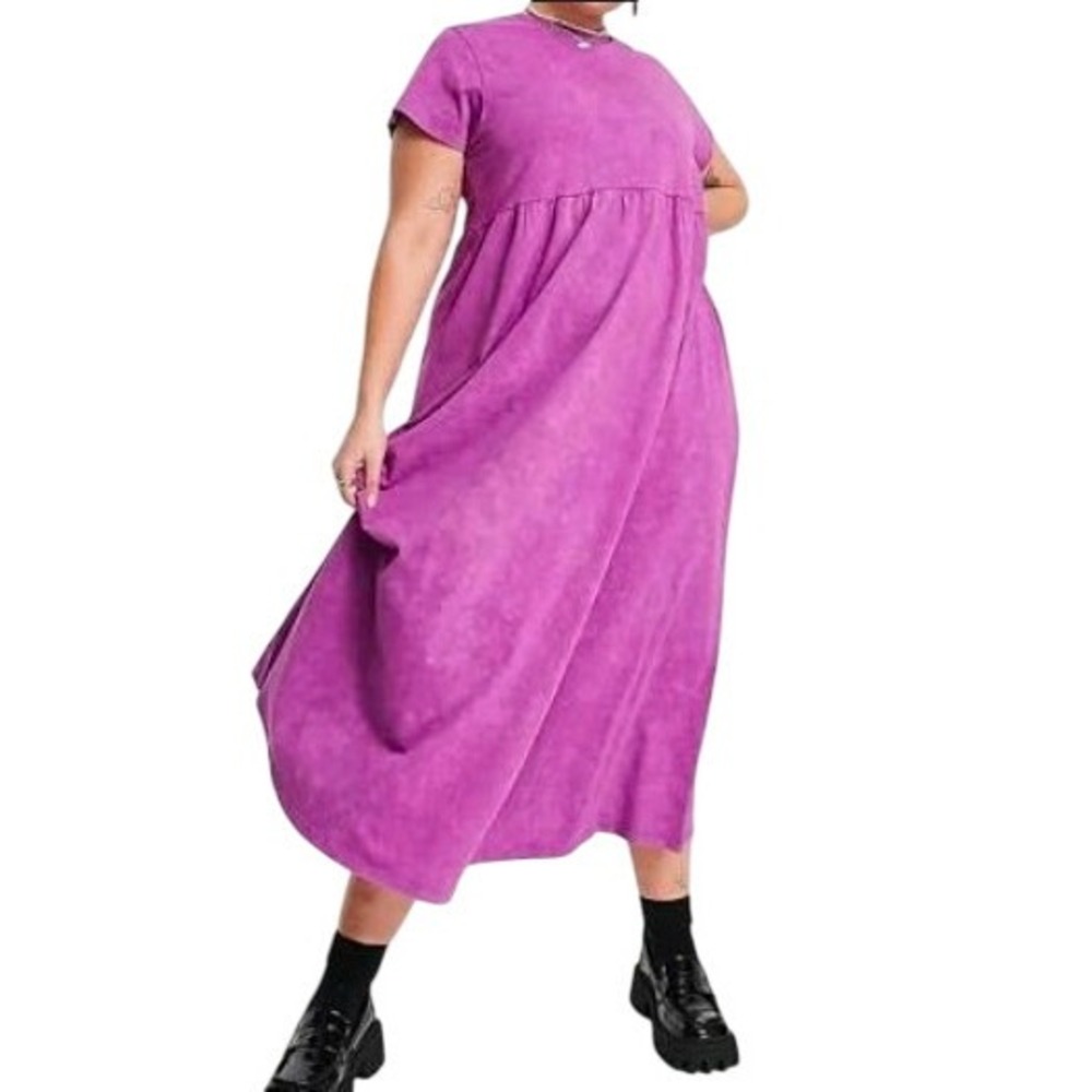 ASOS Curve Purple Maxi T Shirt Dress Size 18 Acid Wash Smock Tie Back Detail - Picture 2 of 13